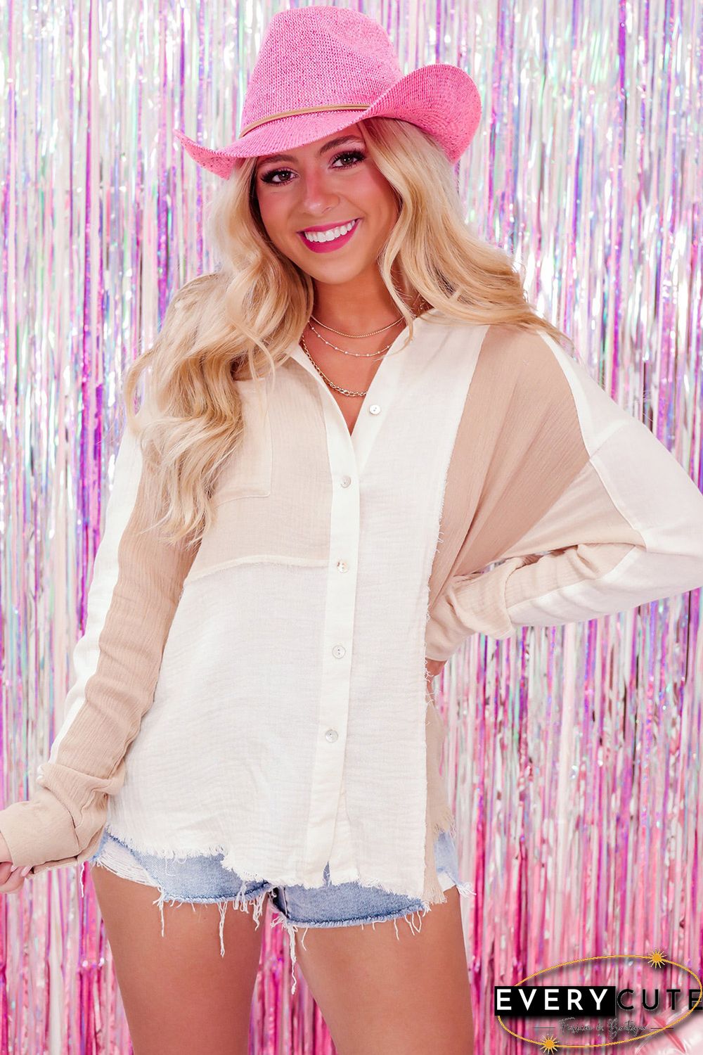 Khaki Color Block Buttoned Raw Hem Textured Shirt