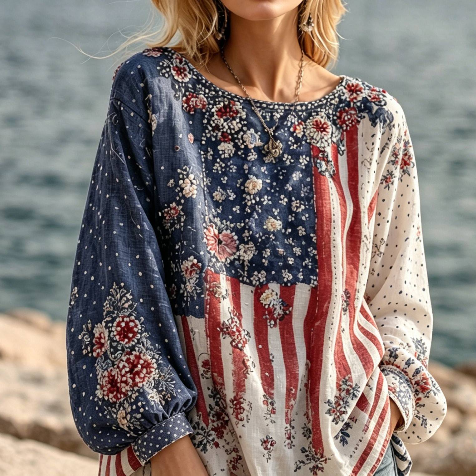  Women's Retro American Flag Floral Patchwork Art Comfortable Cotton Linen Long-sleeve Top Westsshops