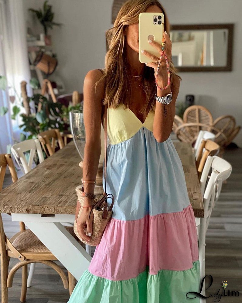 Sexy Sling Stitching Contrast Color Long Dress Beach Dress