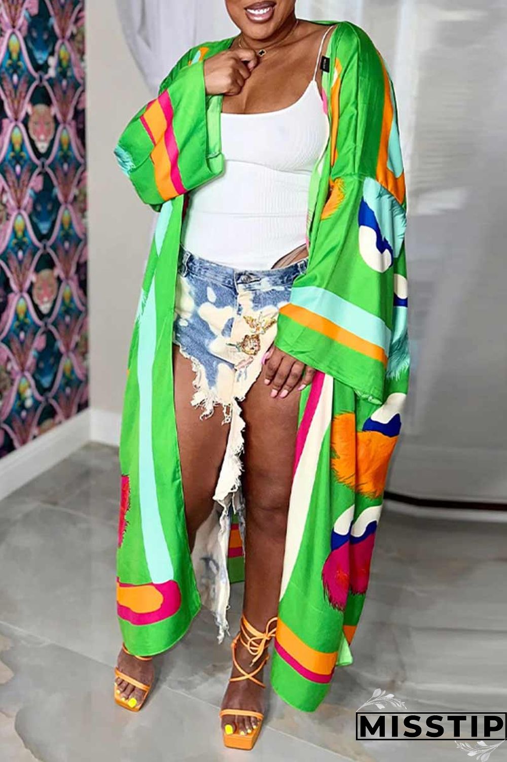 Red Fashion Casual Print Patchwork Outerwear(Without Belt)