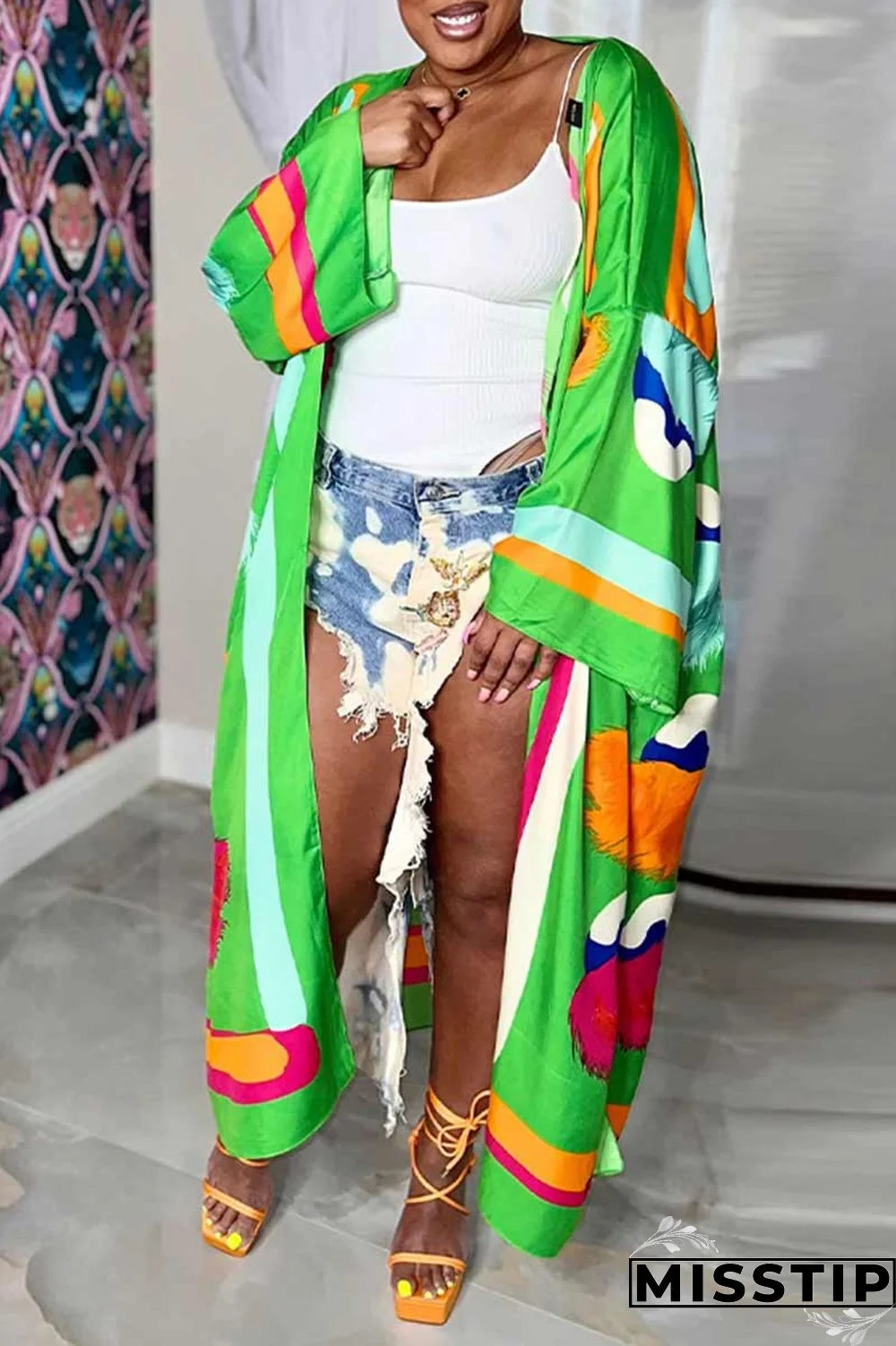 Red Fashion Casual Print Patchwork Outerwear(Without Belt)