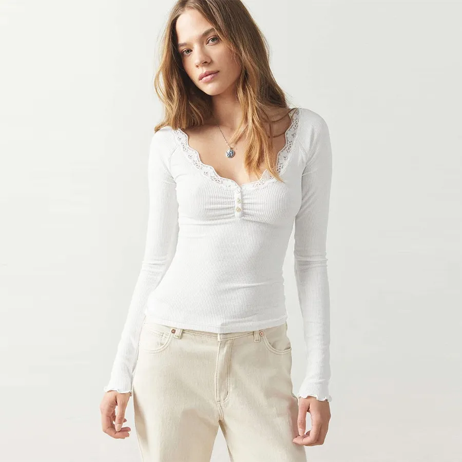 Women's Lace Trim V Neck Ribbed Long Sleeve Top
