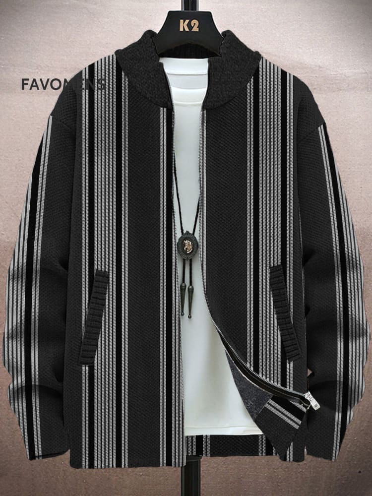 Men’s Jacket Vintage Basics Stripes Print Long-Sleeved Zip Cardigan Jacket(B) / Black M