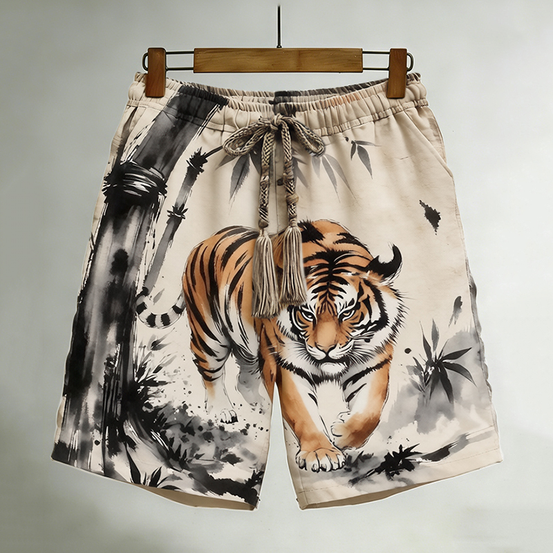 Vintage Japanese Style Tiger Art Retro Casual Linen Shorts elevenforest