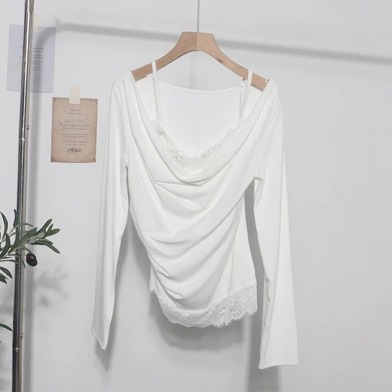 Uveng Spring Fake Two Lace Lace Collar Folded Long Sleeves Slimming Bottom T-Shirt Blouse Woman 2532
