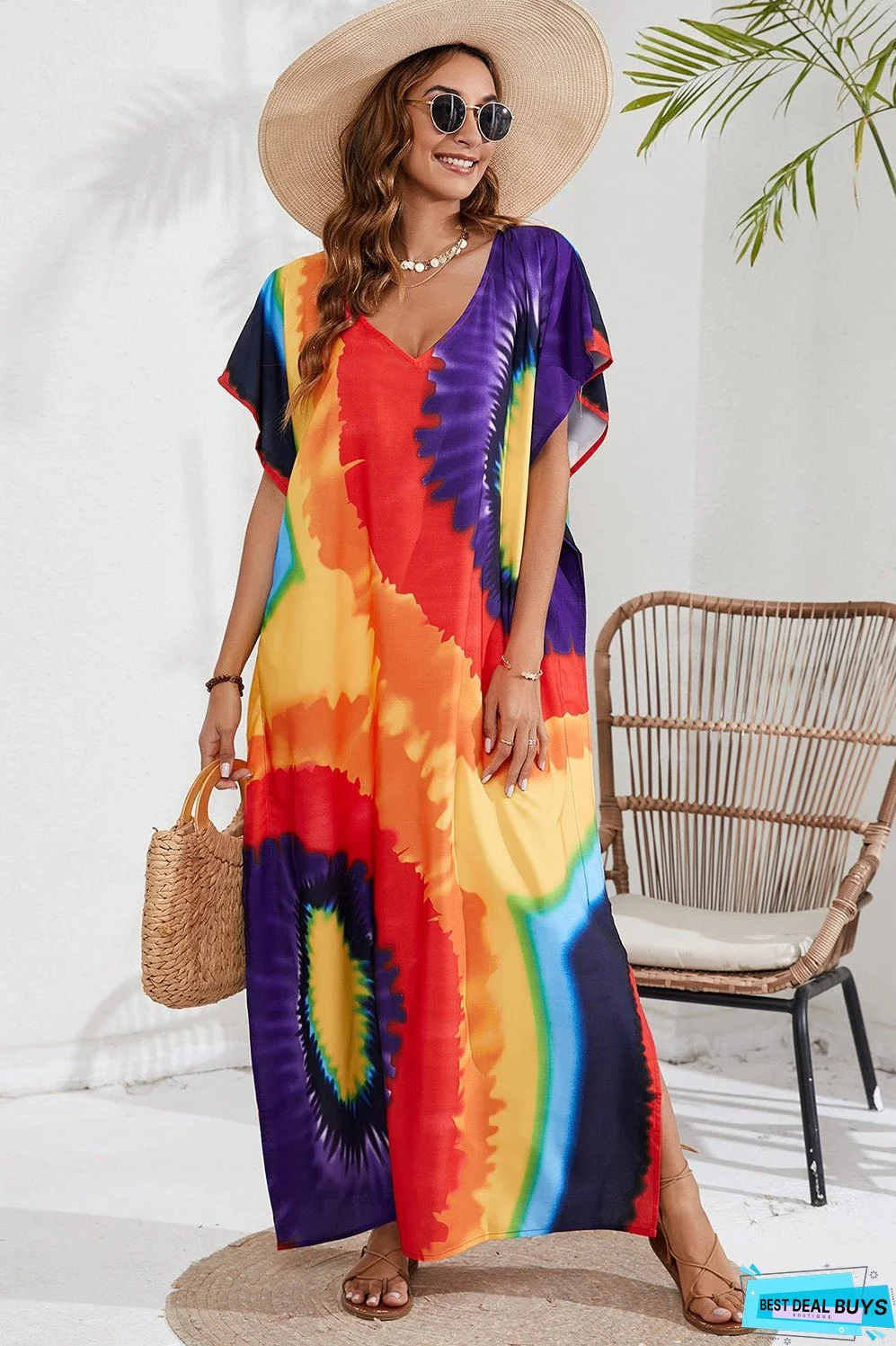 Slit Printed V-Neck Short Sleeve Cover Up