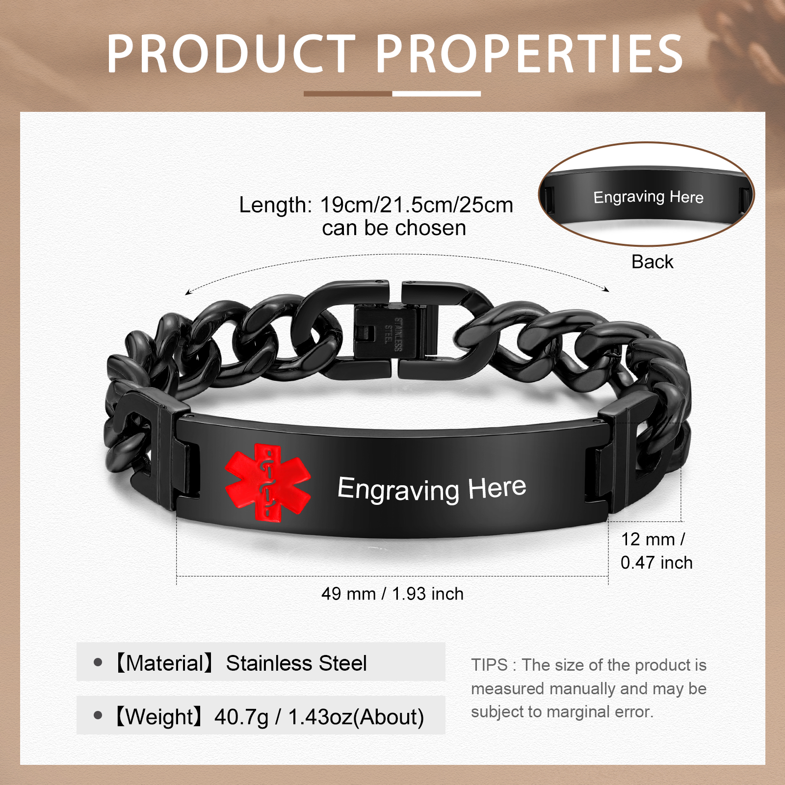 Personalized Medical Alert Bracelet ID Wristbands Stainless Steel Emergency Black Bracelet