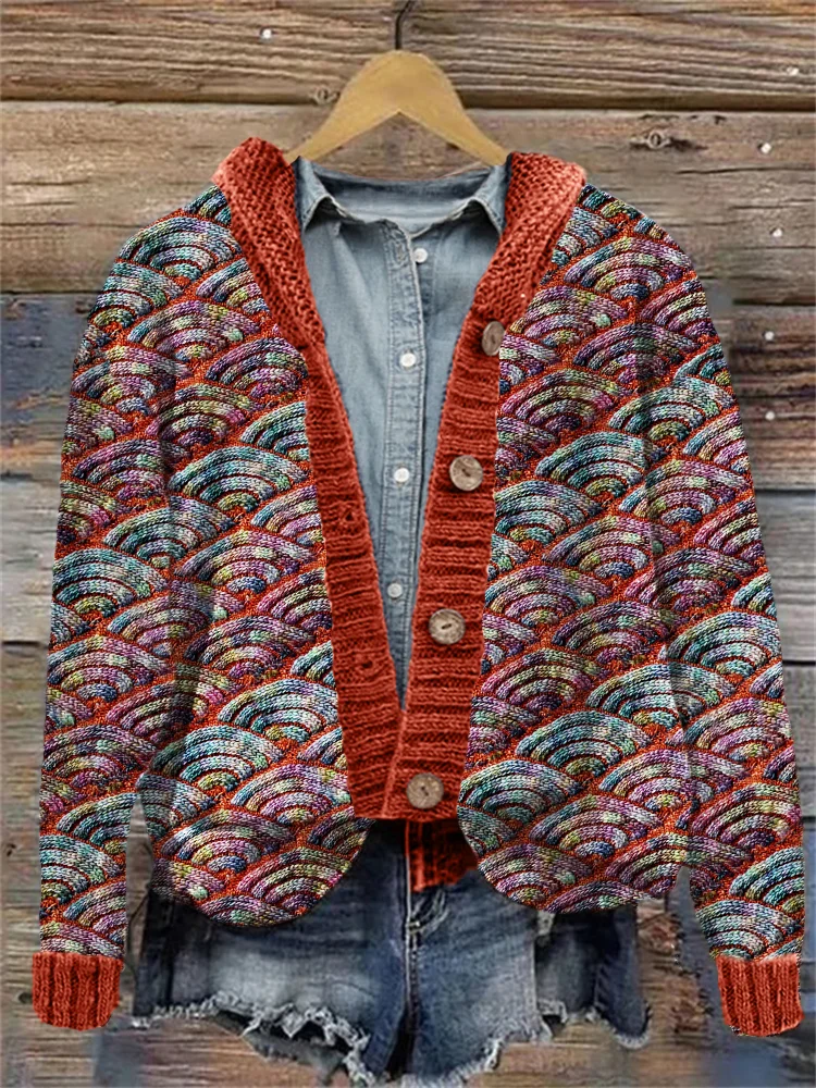 Colorful Japanese Sea Waves Knit Art Hooded Cardigan