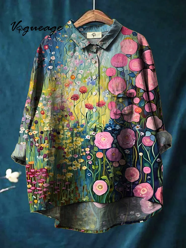 Fresh Romantic And Gentle Flowers Printed Cotton And Linen Shirt