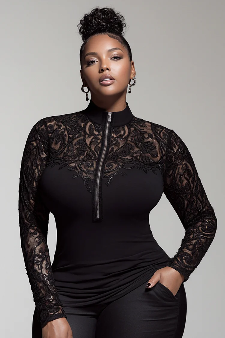 Xpluswear Design Plus Size Daily Black Mock Neck Long Sleeve See Through Casual Zipper Lace Blouses [Pre-Order]