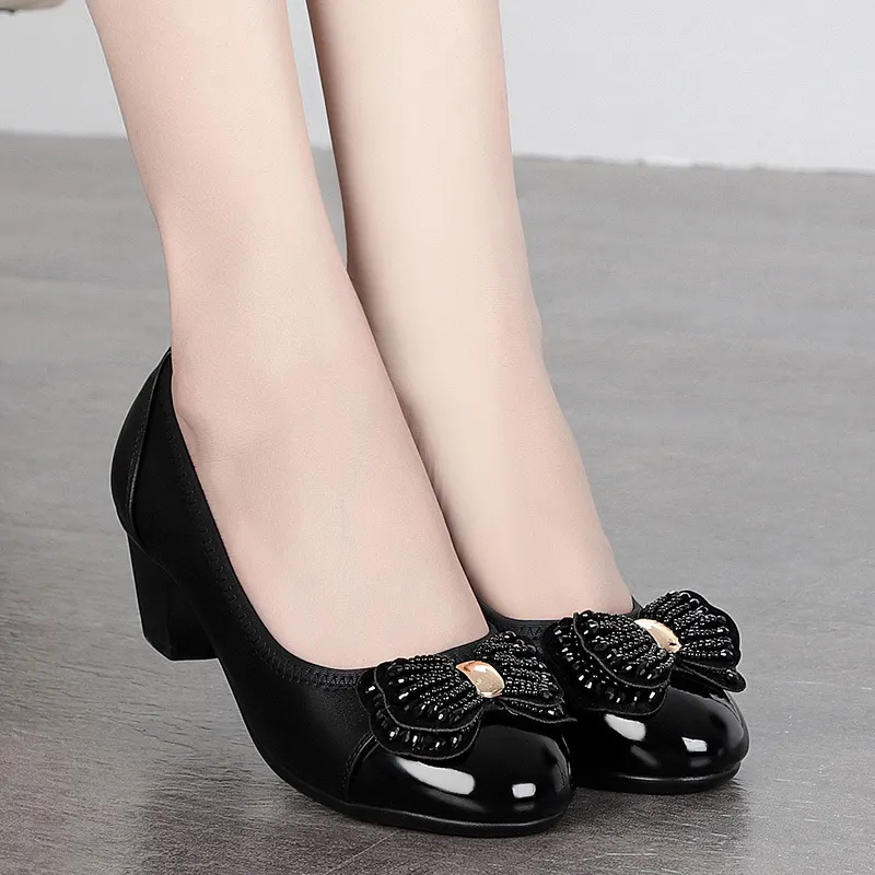Breakj Breakj Beaded Mother Shoes Soft Soles Single Shoes Thick Heel Lazy Leather Shoes Round Head Working Shoes Heel Women's Shoes