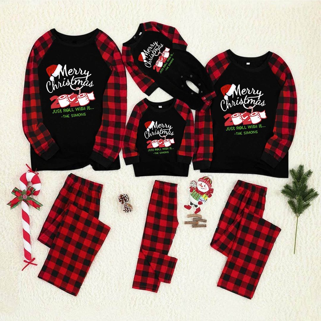 Christmas Hat Print Letter Top and Buffalo Plaid Pants Family Matching Pajamas Sets