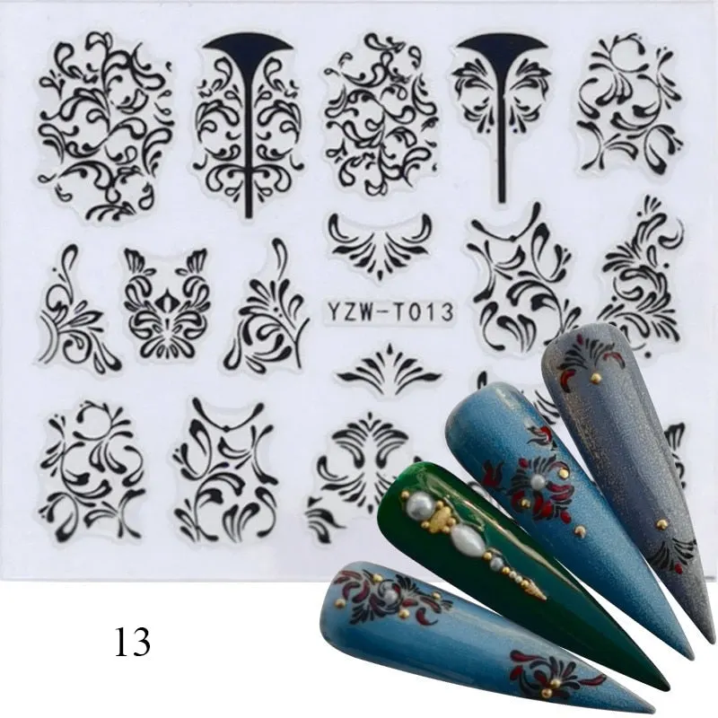 1 Sheet 3D Stickers For Nails Black Letter Leaf Flower Patterns Slider Nail Art Manicure Adhesive Tips Decals DIY Decorations-Nail Inspo
