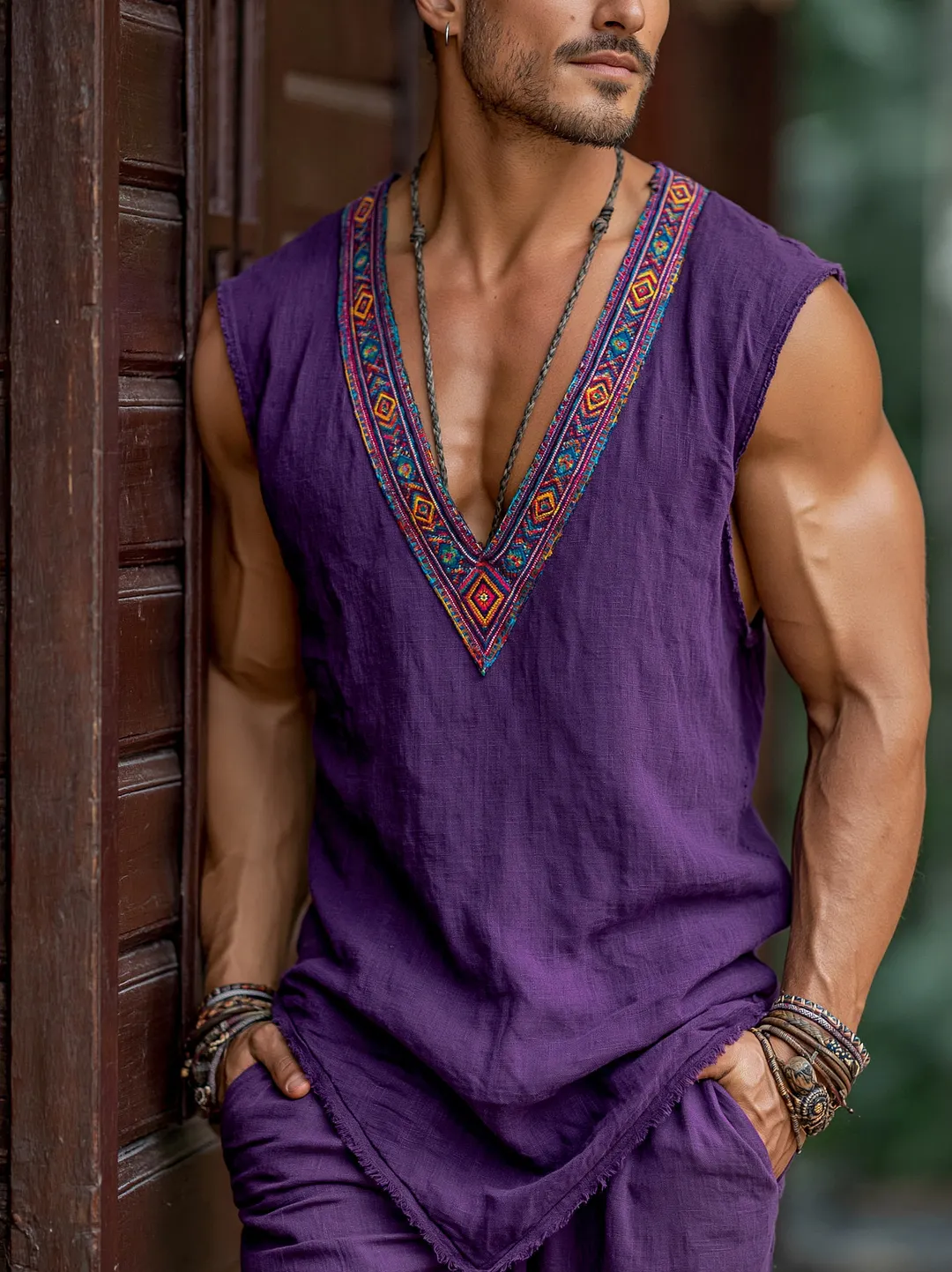 Bohemian Linen Sleeveless V-Neck Top For Men With Embroidered Pattern And Frayed Hem-INSPIREUSE