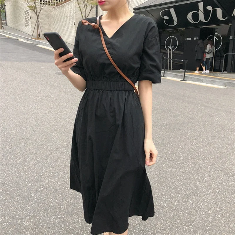 CHEAVONEAN Korean Linen Midi Party Dress Summer V Neck Short Sleeve Elegant Pink Casual Women&#39;S Dresses Clothing Female