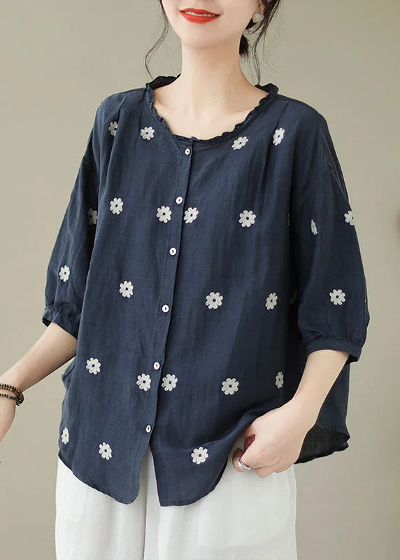 Navy Patchwork Linen Blouses Embroideried Ruffled Summer