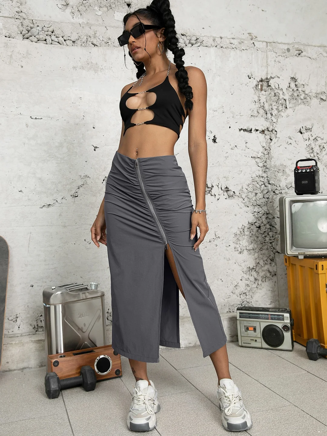 Zip Up Ruched Split Thigh Skirt