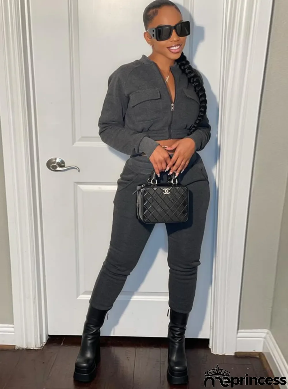 Winter Dark Grey Zipped Long Sleeve Two Piece Pant Set Tracksuit