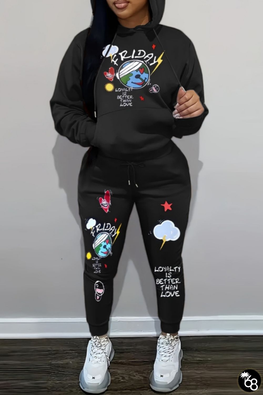 Casual Print Basic Hooded Collar Long Sleeve Two Pieces | 168DEAL