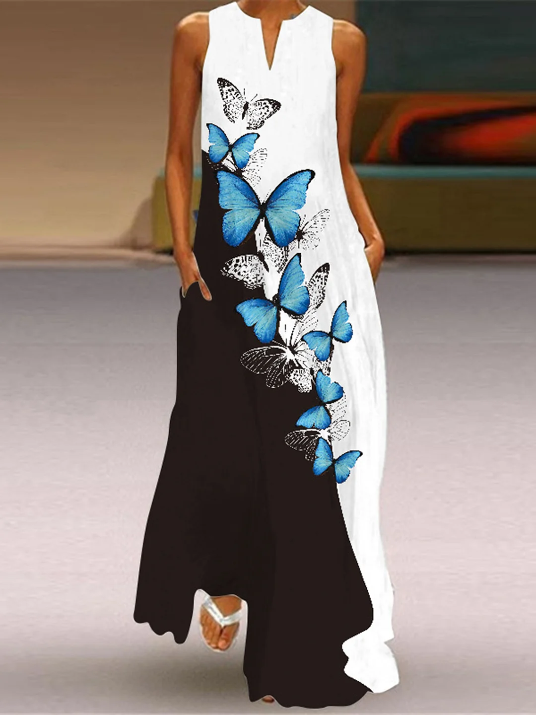 Butterfly Print Sleeveless Loose Maxi Dress