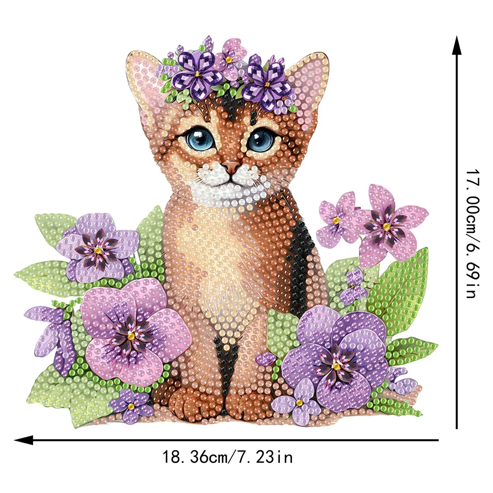 2D Flat Cat DIY Shaking Head Cat Purple Flower Diamond Painting Desktop Decor