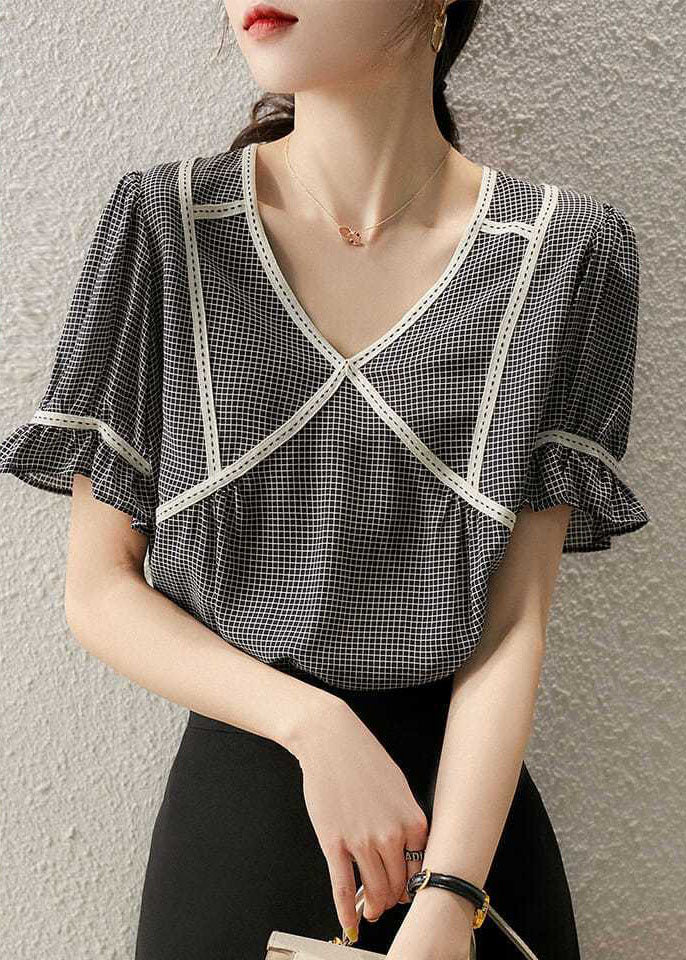 VCSHOES Small Plaid Ruffled Patchwork Silk Tops Summer