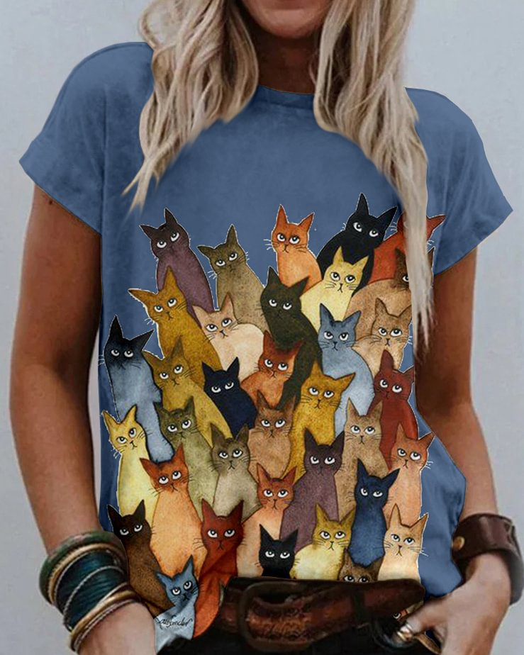 Women's Going out Painting T shirt Cat Graphic Print Round Neck Basic Tops