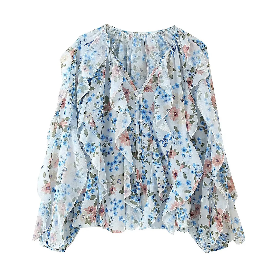 Nigikala Nigikala Women's V-Neck Folding Trim Shirt Long-Sleeved Top Loose Woman