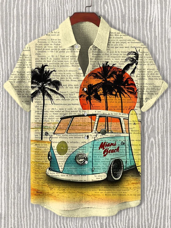 Men's Retro Bus Poster Hippie Art Print Casual Shirt