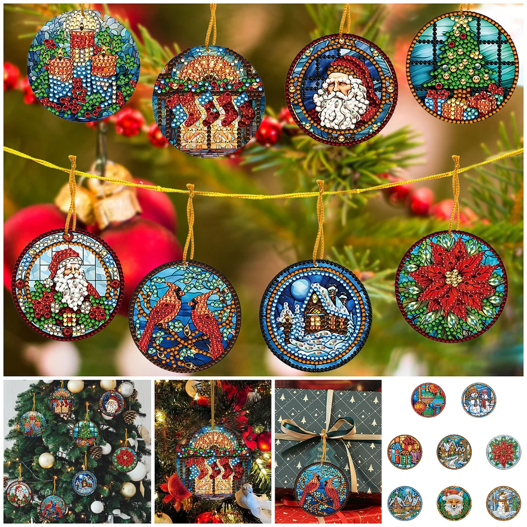 8pcs DIY Christmas Acrylic Single-Sided Small Diamond Painting Hanging Pendant 