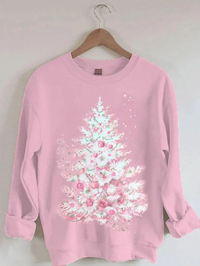 Women's Pink Christmas Tree Print Casual Sweatshirt