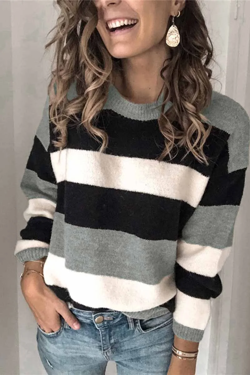 Striped O-Neck Contrast Sweater(3 Colors)