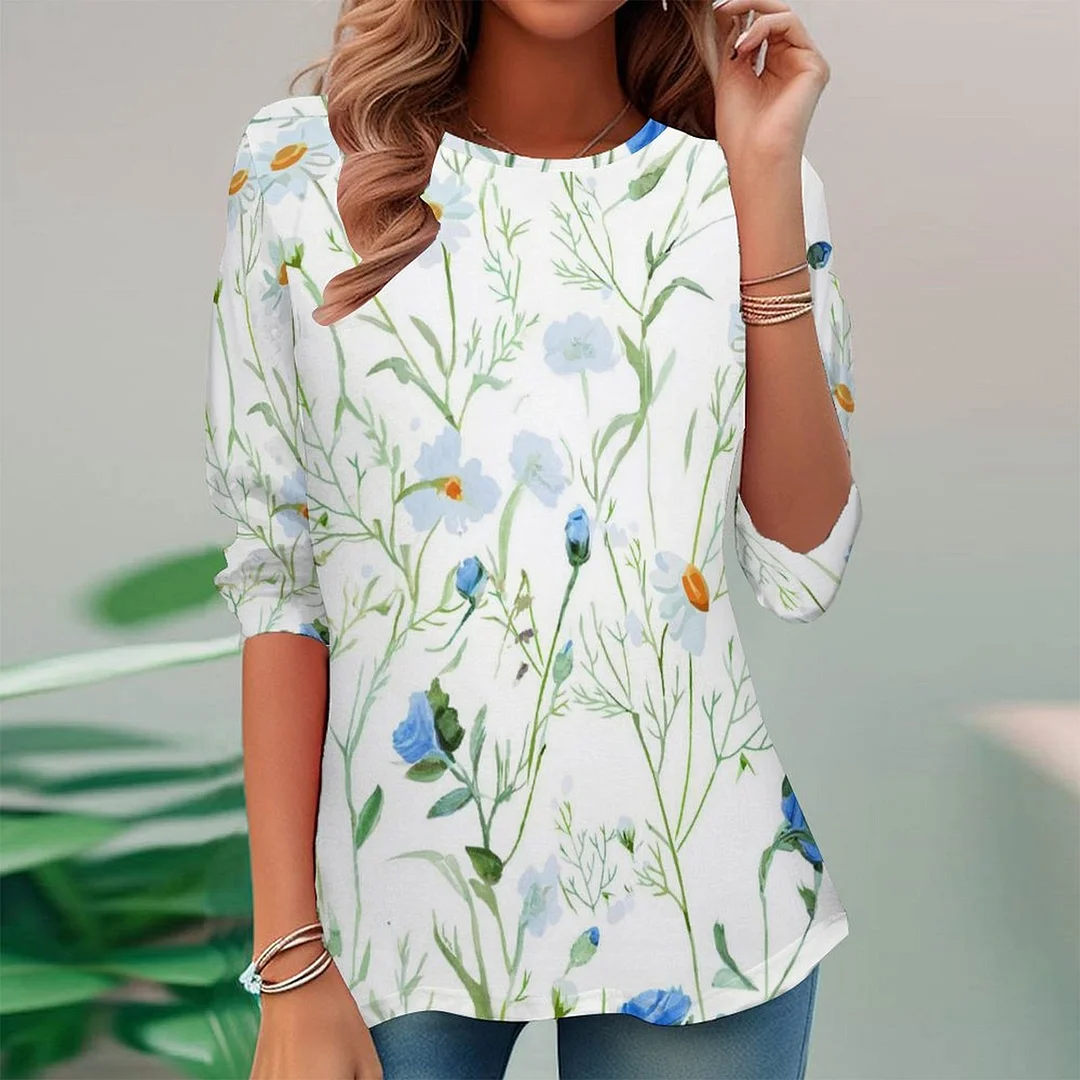 Vintage Printed Long Sleeve Plus Size Tunic for  Women and Men Unisex Pattern Blue,Floral,White