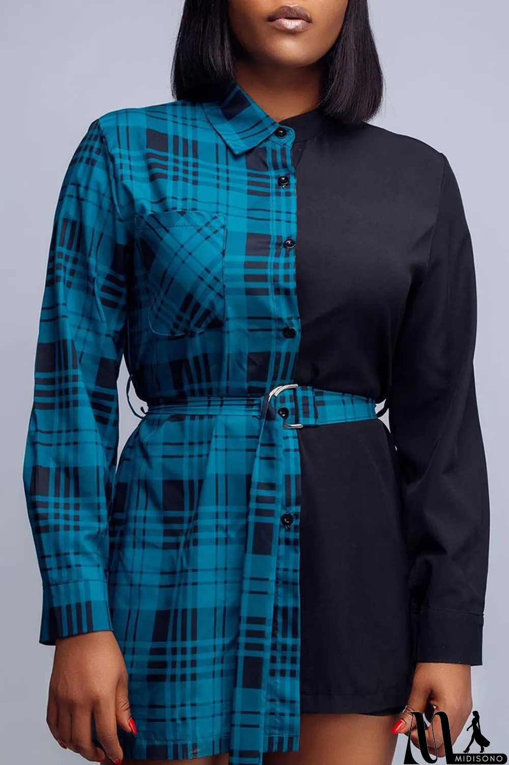 MidiSono - Yellow Casual Plaid Print Split Joint Buckle With Belt Turndown Collar Tops