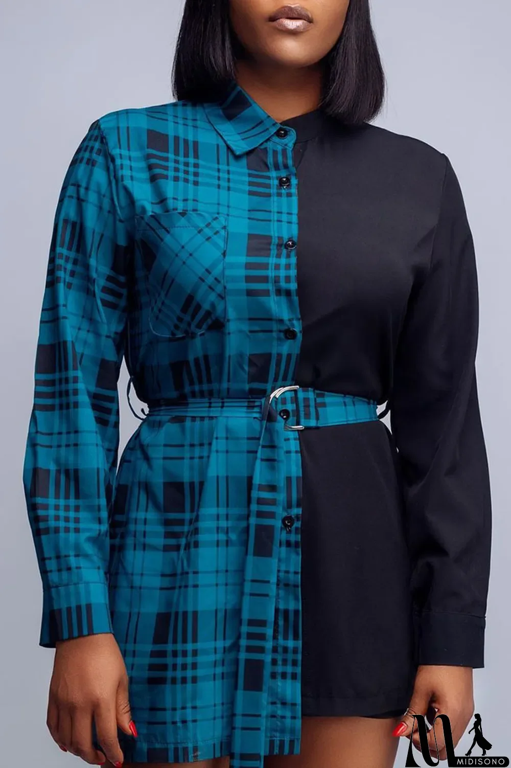 MidiSono - Yellow Casual Plaid Print Split Joint Buckle With Belt Turndown Collar Tops