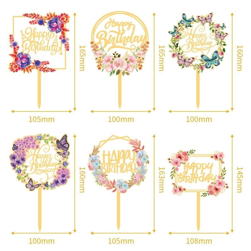 Acrylic Cake Topper Ins Style Floral Uv Color Printing Happy Birthday Dessert Decoration Plugin