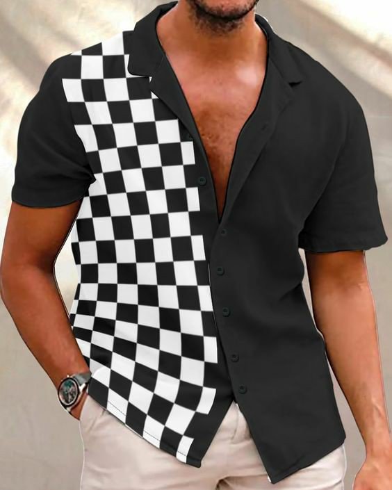 Men's Casual Check Panel Short Sleeve Shirt