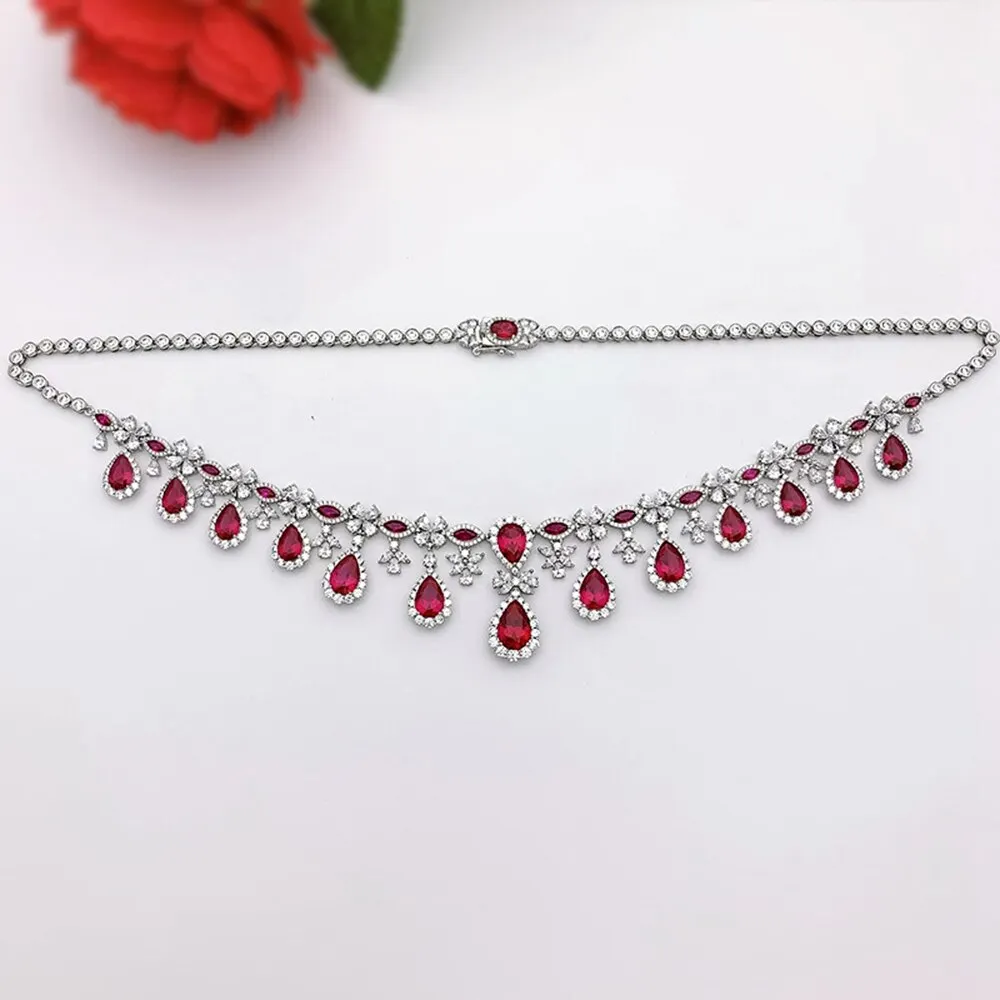 Elegant Vintage 925 Sterling Silver Pear Created Moissanite Ruby Gemstone Anniversary Pendant Necklace Fine Jewelry