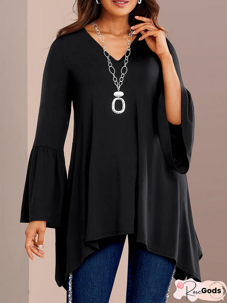 Women Plain Simple Autumn Polyester V Neck Loose Mid-Long Regular Size Tops