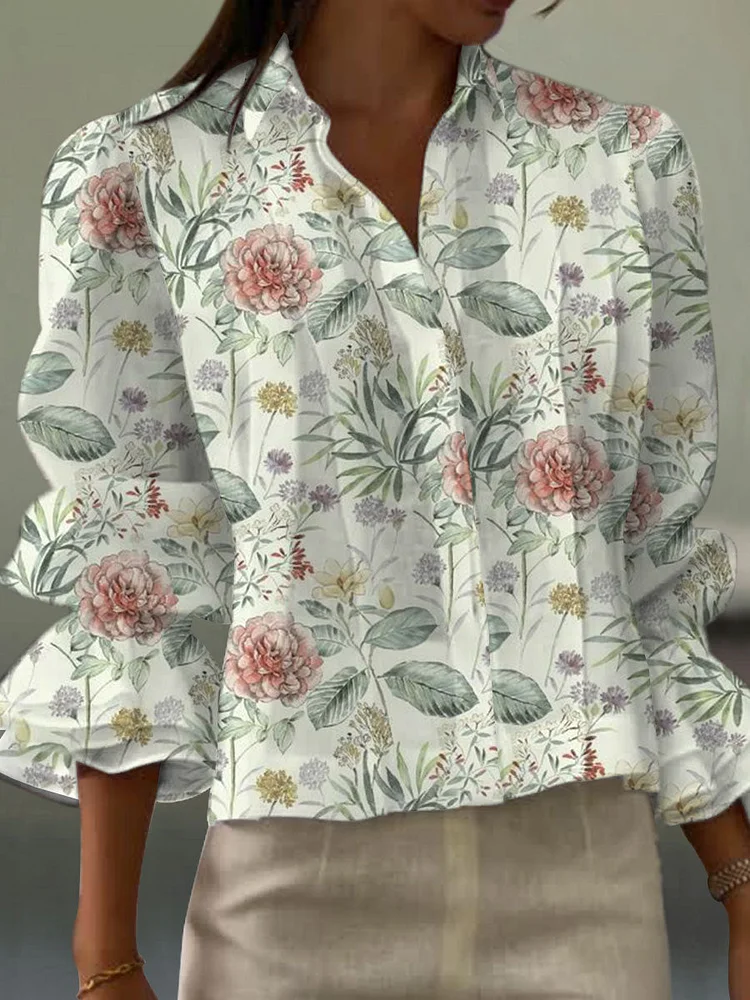 Women's  Vintage Flower Art Print Casual  Cotton And Linen Shirt