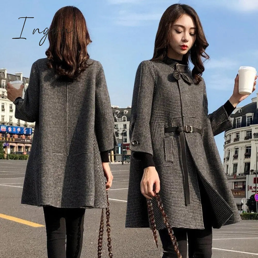 Ingvn - Office Lady Woolen Jacket Women’s Middle Long Korean Autumn Winter New Loose Cape Small