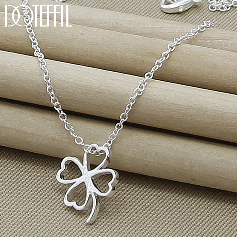 DOTEFFIL 925 Sterling Silver Four Leaves Clover Pendant Necklaces 18 Inch Chain For Mother Woman Jewelry 