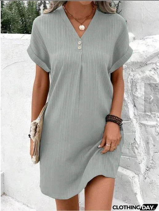 Women Casual Office Elegant Solid Color V Neck Pullover Comfortable Short Sleeve Button Dress