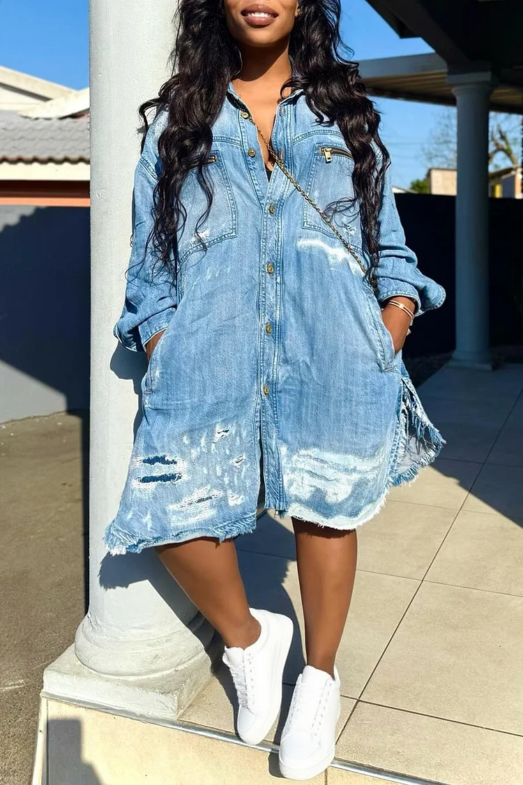 Plus Size Daily Blue Shirt Collar Long Sleeve Pocket Casual Ripped Denim Shirt Dresses [Pre-Order]