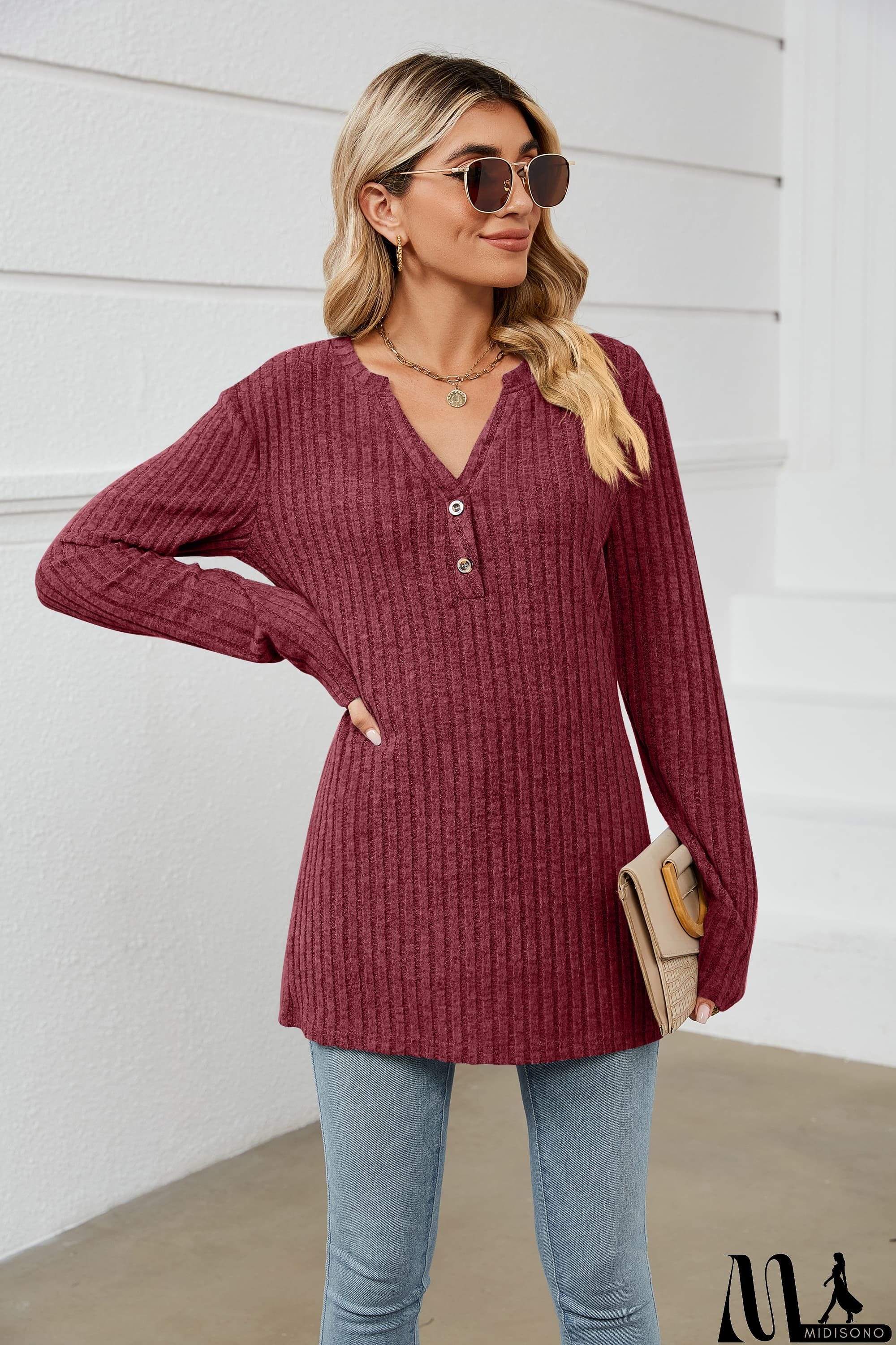 MidiSono - Notched Neck Ribbed Long Sleeve T-Shirt