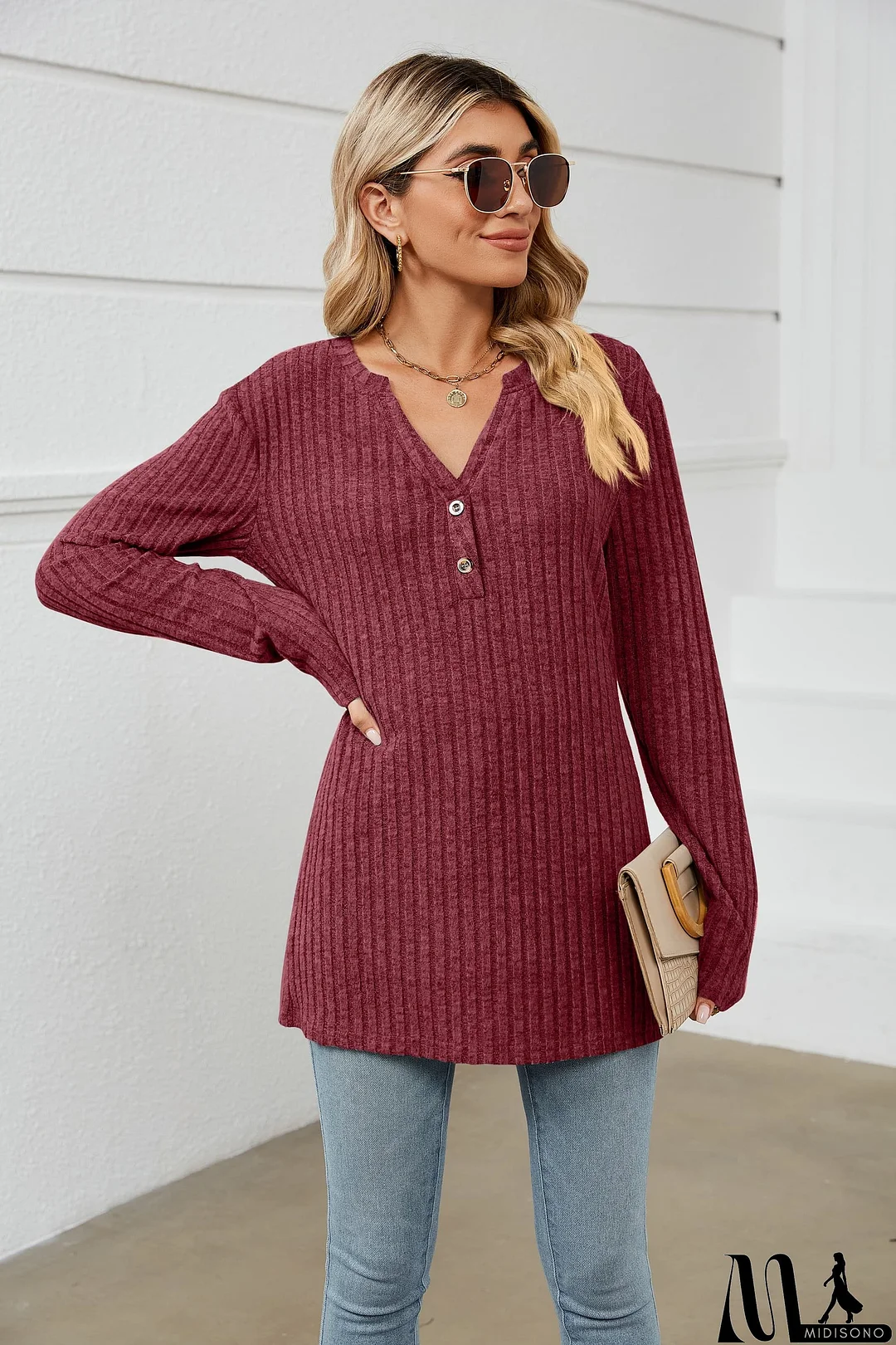 MidiSono - Notched Neck Ribbed Long Sleeve T-Shirt