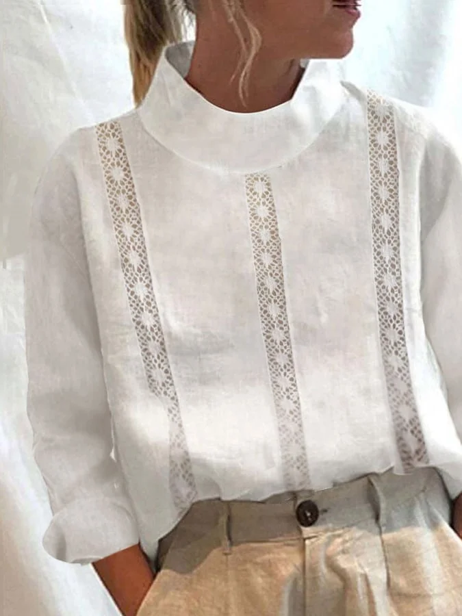 Women's Lace Panel Turtleneck Long Sleeve Shirt
