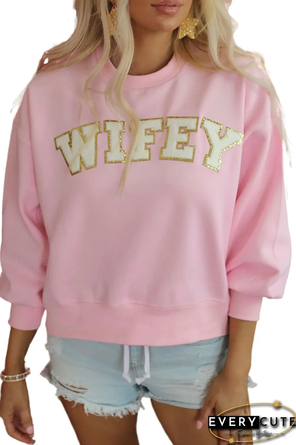 Pink WIFEY Graphic Crew Neck Pullover Sweatshirt