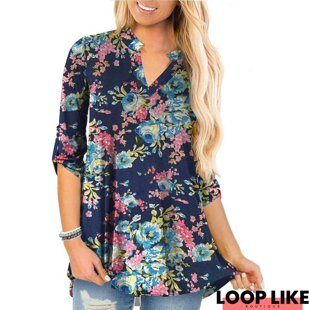 Women Plus Size Flower Print V Neck Blouse Loose Chiffon Shirt Blouse