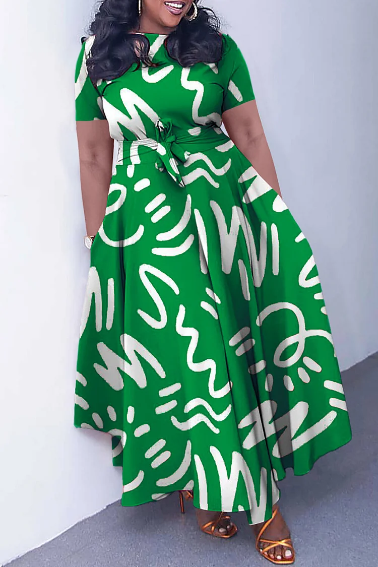 Doodle Print Short Sleeve Tie Up A-Line Maxi Dresses-Green